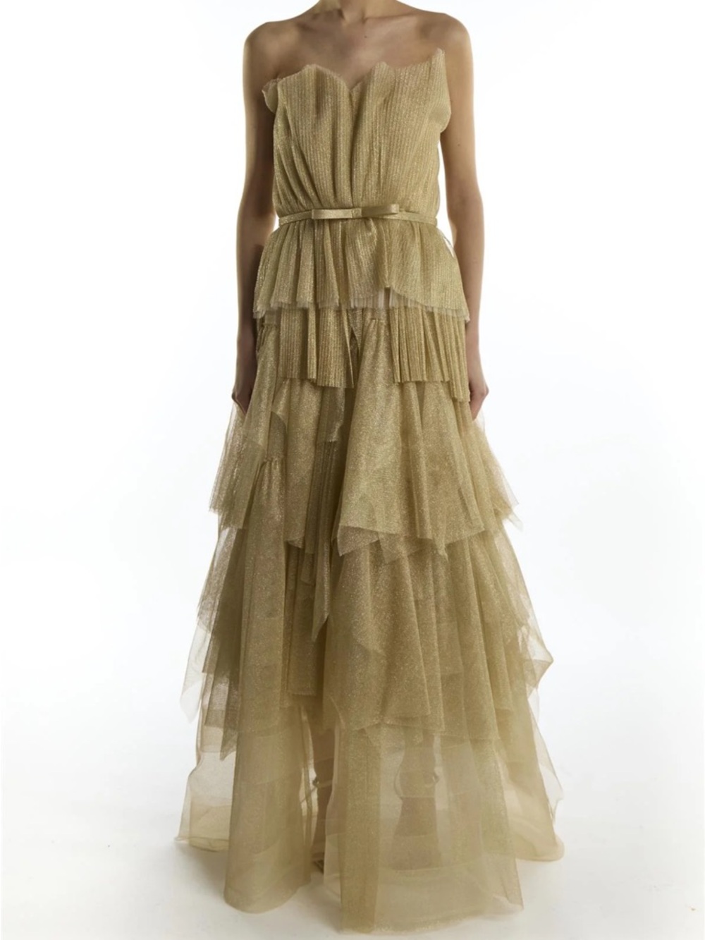 Gold Strapless Tiered Evening Dress